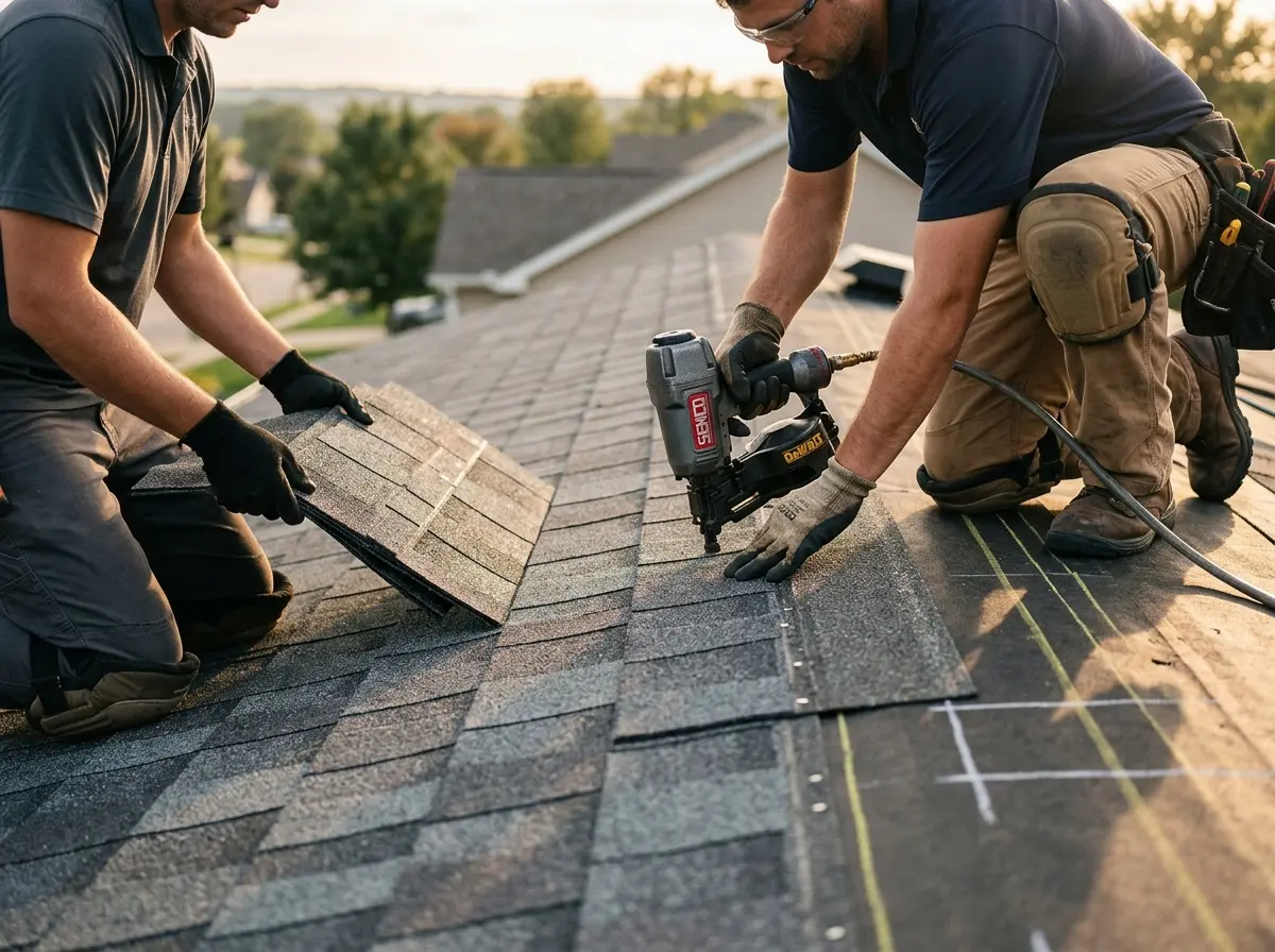 Professional roofer working on a residential roof in La Crescent